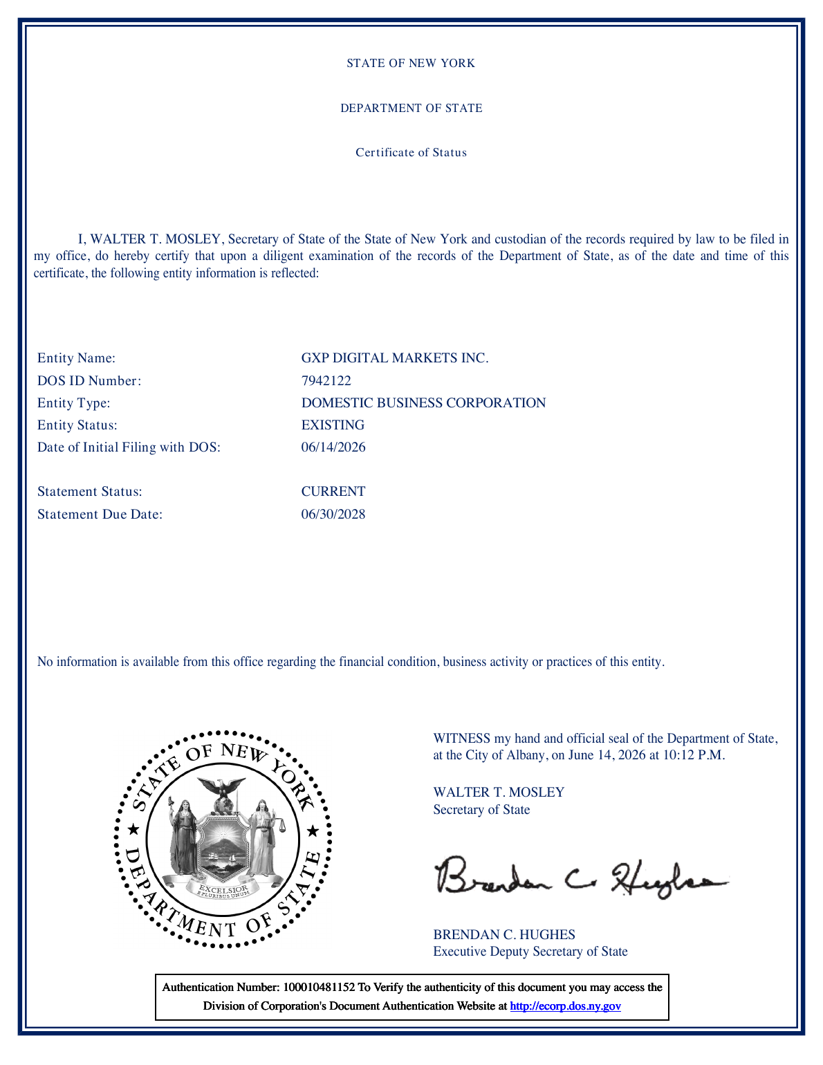 New York certificate of status preview